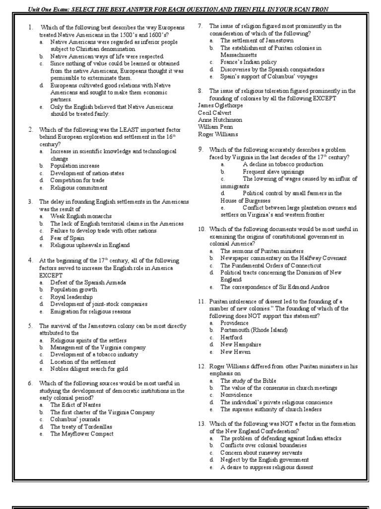 AP U.S. Unit 1 Exam + Answers Thirteen Colonies American Revolution