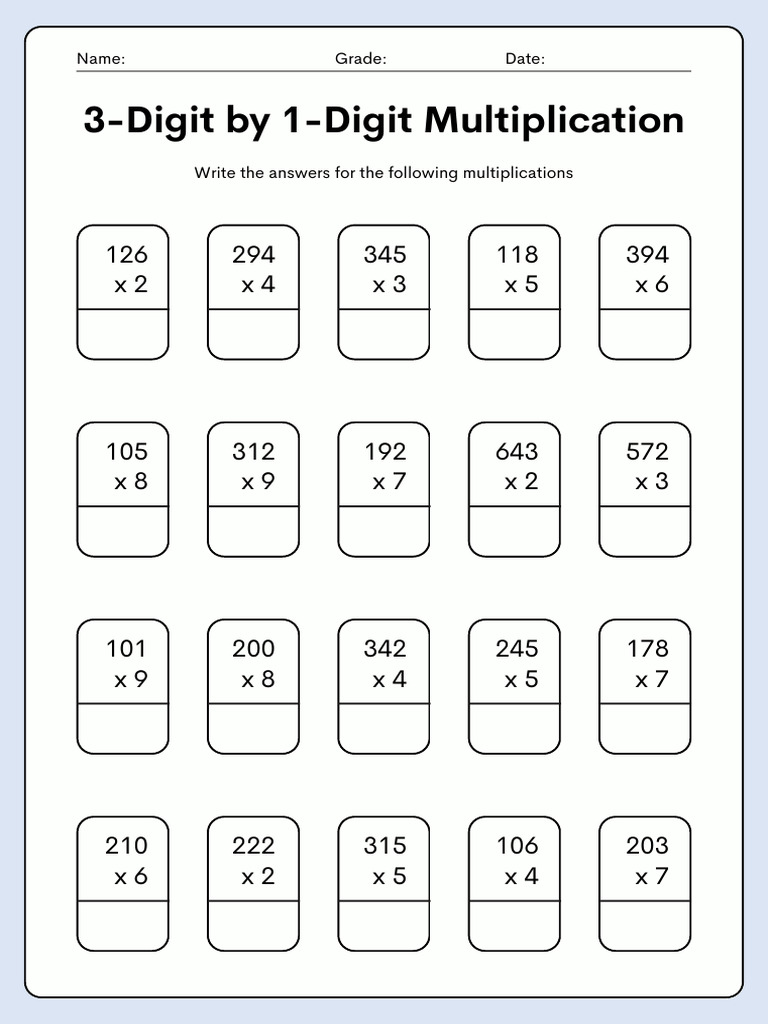 3rd Grade 3-Digit by 1-Digit Multiplication Worksheet in Colorful and ...