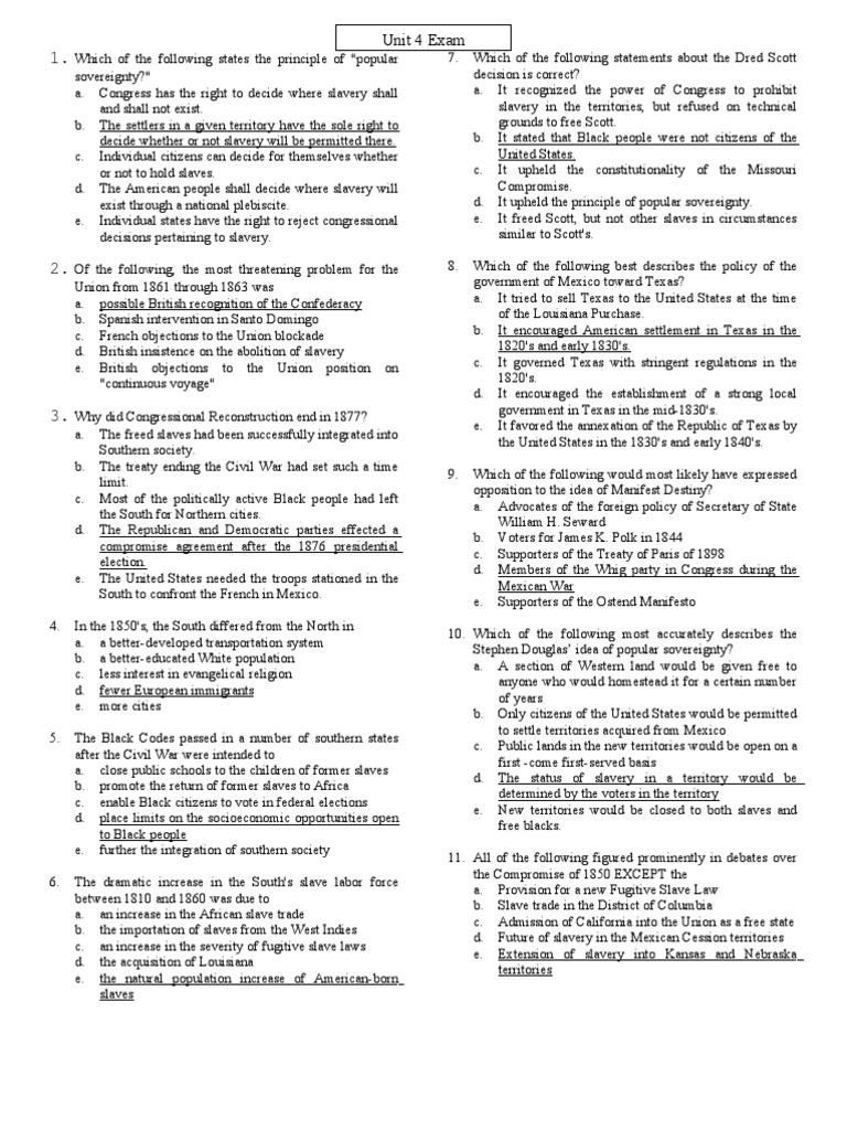 AP U.S. Unit 4 Exam + Answers Reconstruction Era American Civil War