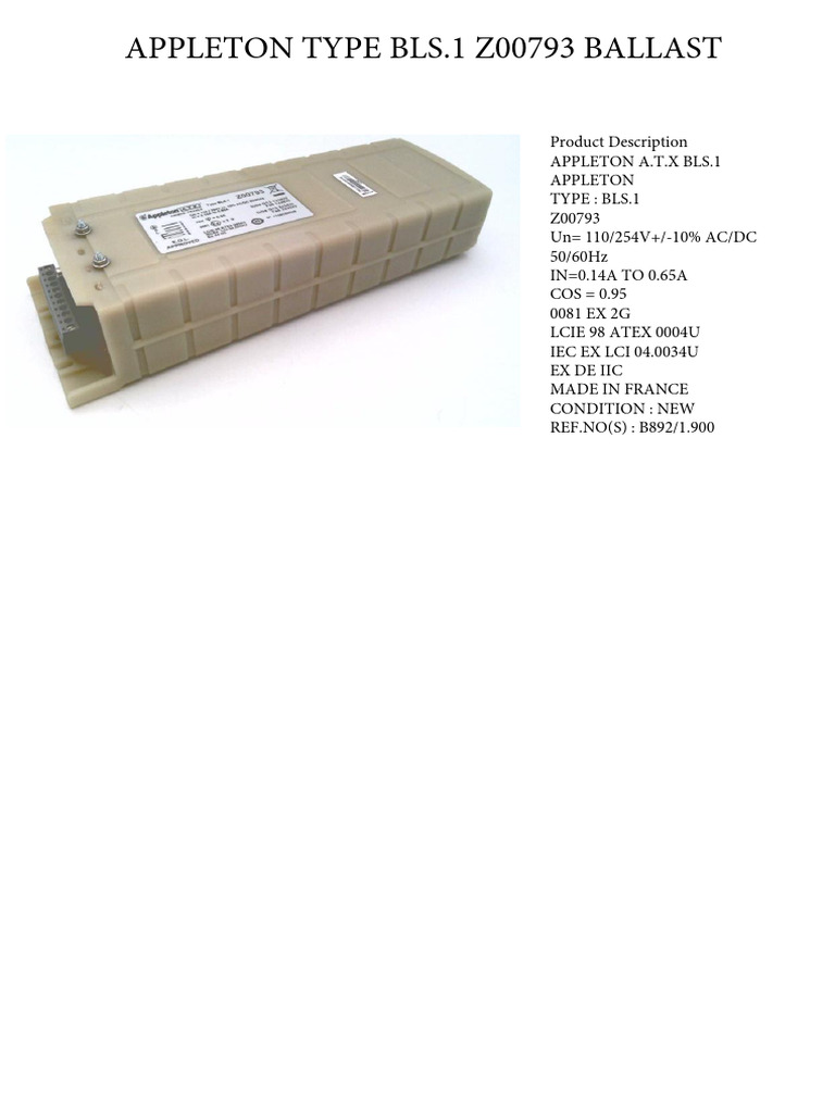 Appleton Bls1 Ballast Z00793 Specs Pdf 
