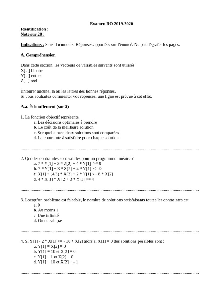 Examen RO 2019-2020 : Questions et Modèles | PDF