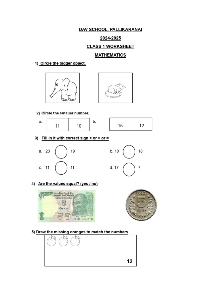 Class 1 Math Worksheet 2024-2025 | PDF