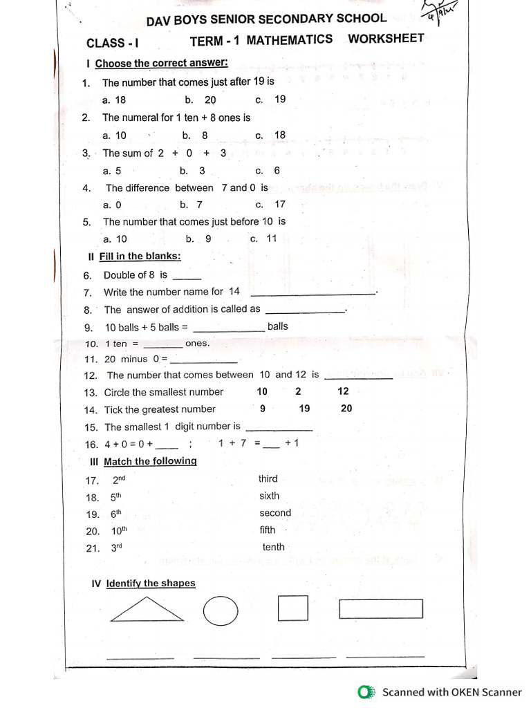 Maths Worksheet Term - 1 (1-A) | PDF