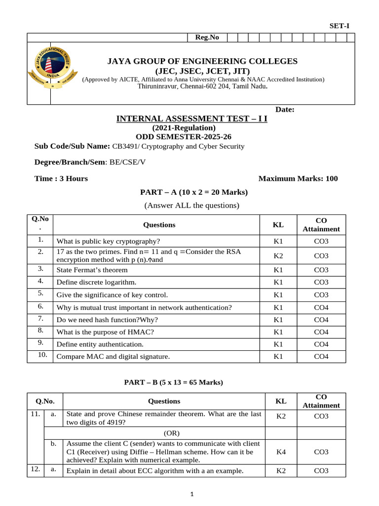 Internal Assessment: Cryptography Test | PDF | Key (Cryptography ...