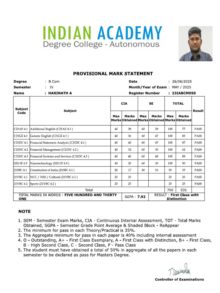 HARINATH 4th Sem Result | PDF