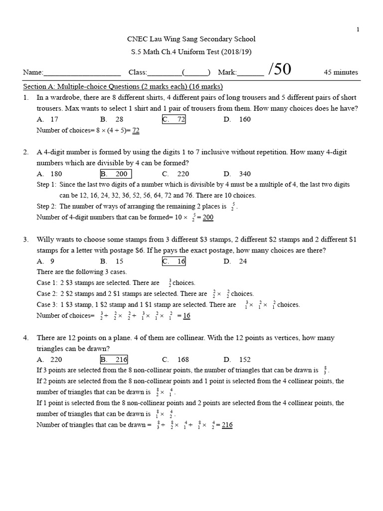 S.5 Math Uniform Test 2018/19 Solutions | PDF