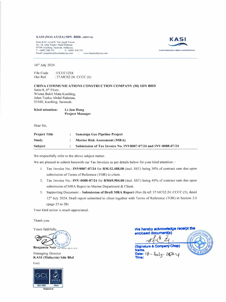 CCCC1224 KASI CCCC Submission of Tax Invoice | PDF | Sarawak | Malaysia