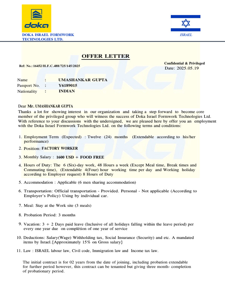 Employment Offer for Factory Worker | PDF | Employment | Salary