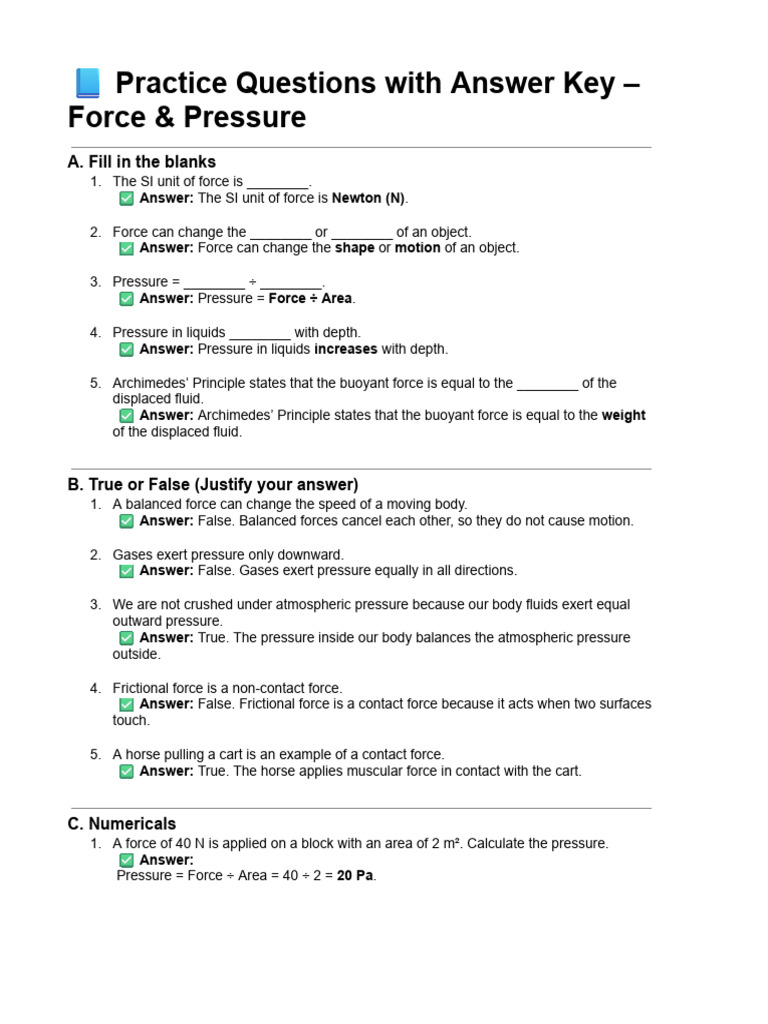 Force & Pressure Practice with Answers | PDF | Buoyancy | Pressure