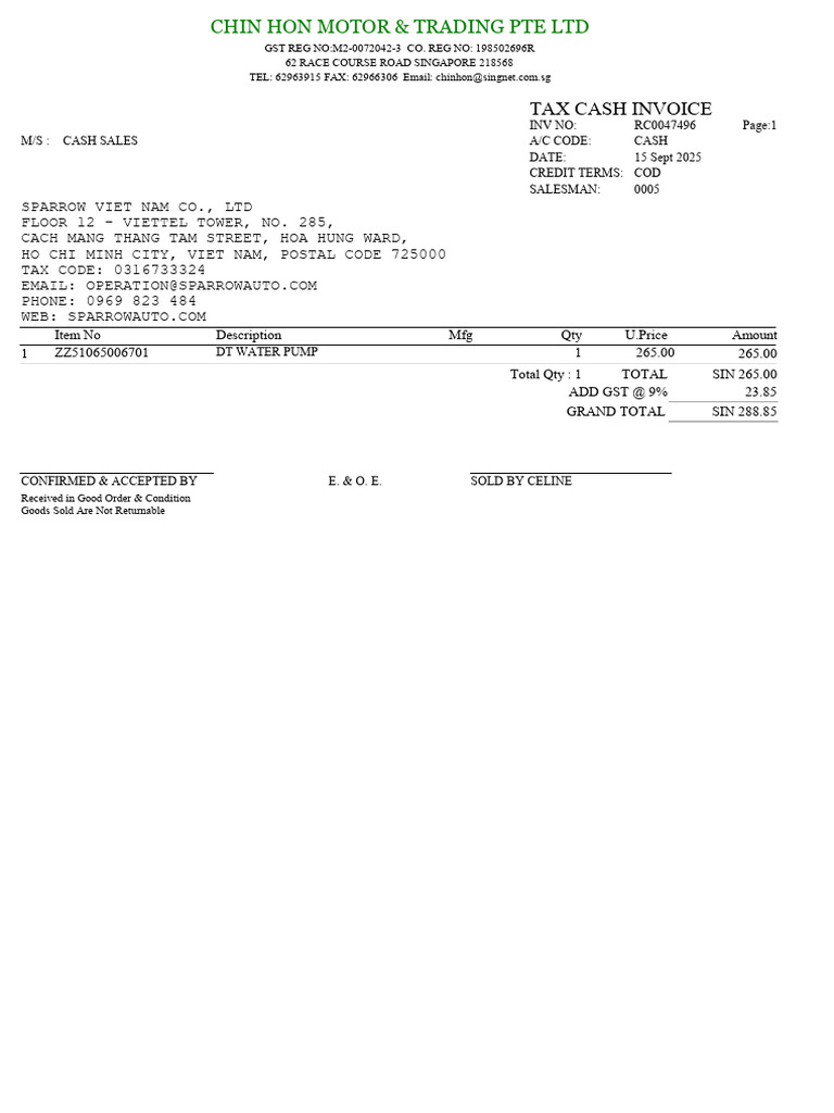 Tax Invoice for Water Pump Sale | PDF