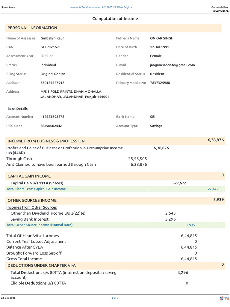 Income & Tax Computation 2025-26 | PDF | Capital Gain | Taxes