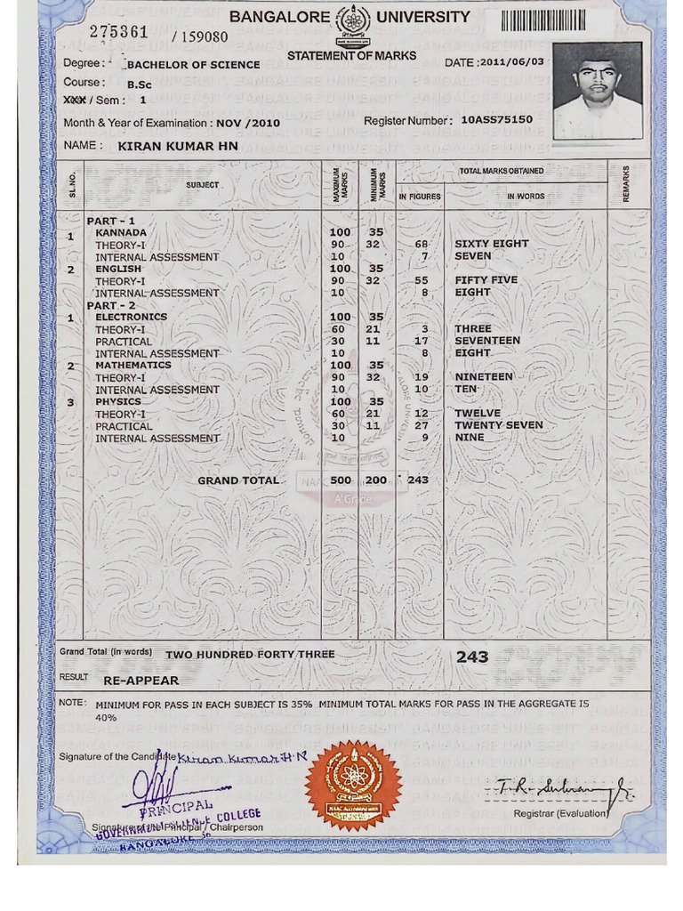 BSC Marks Cards (Kiran Kumar HN) | PDF