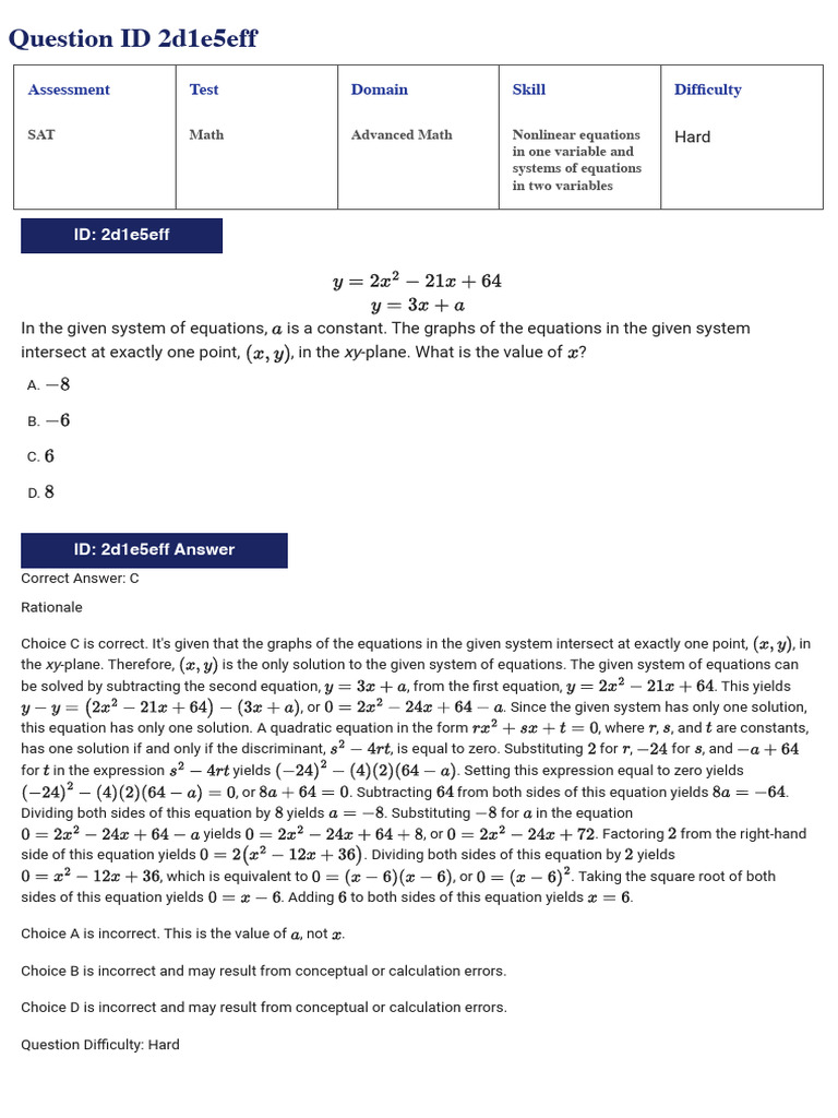 SAT Math Problem Solutions and Rationale | PDF | Equations | Function ...
