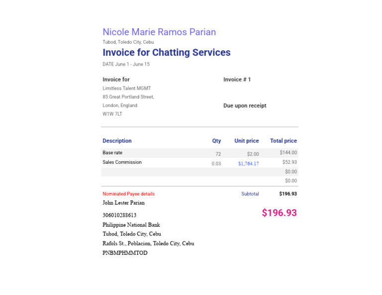Invoice for Chatting Services - June 2023 | PDF