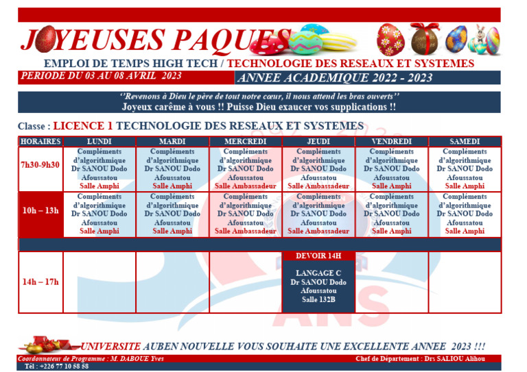 Emploi du temps Licence Technologie 2023 | PDF | Calendrier liturgique ...