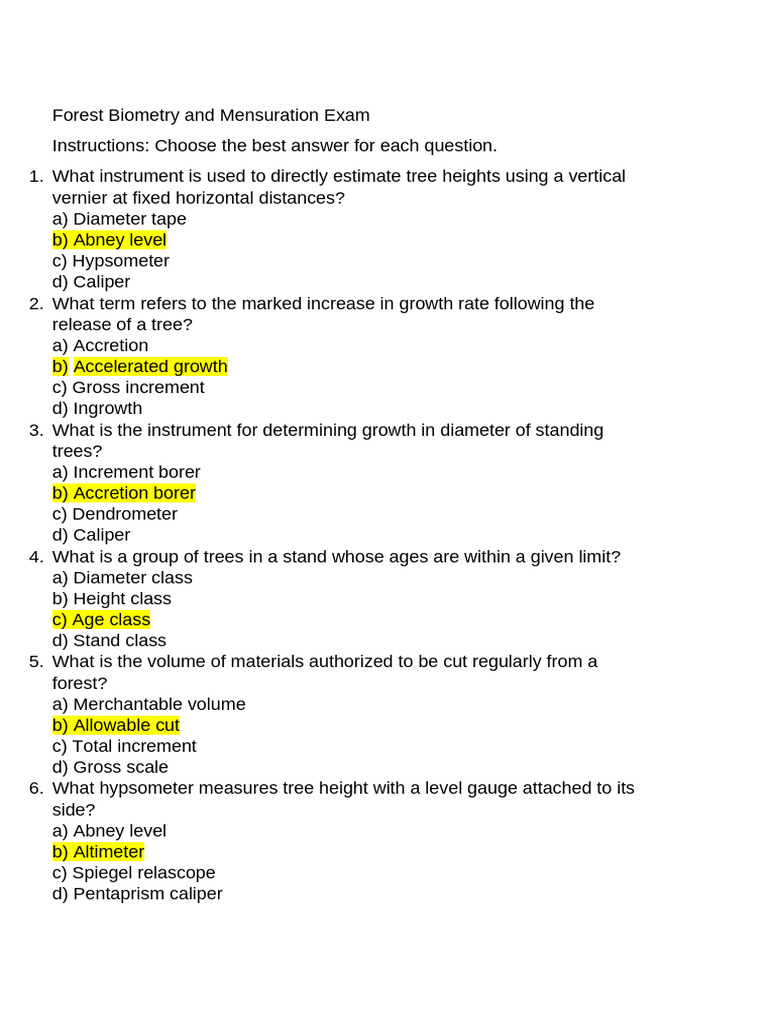 Forest Biometry Exam Questions Guide | PDF | Wood | Lumber