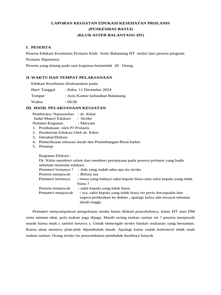 Laporan Kegiatan Edukasi Kesehatan Prolanis | PDF