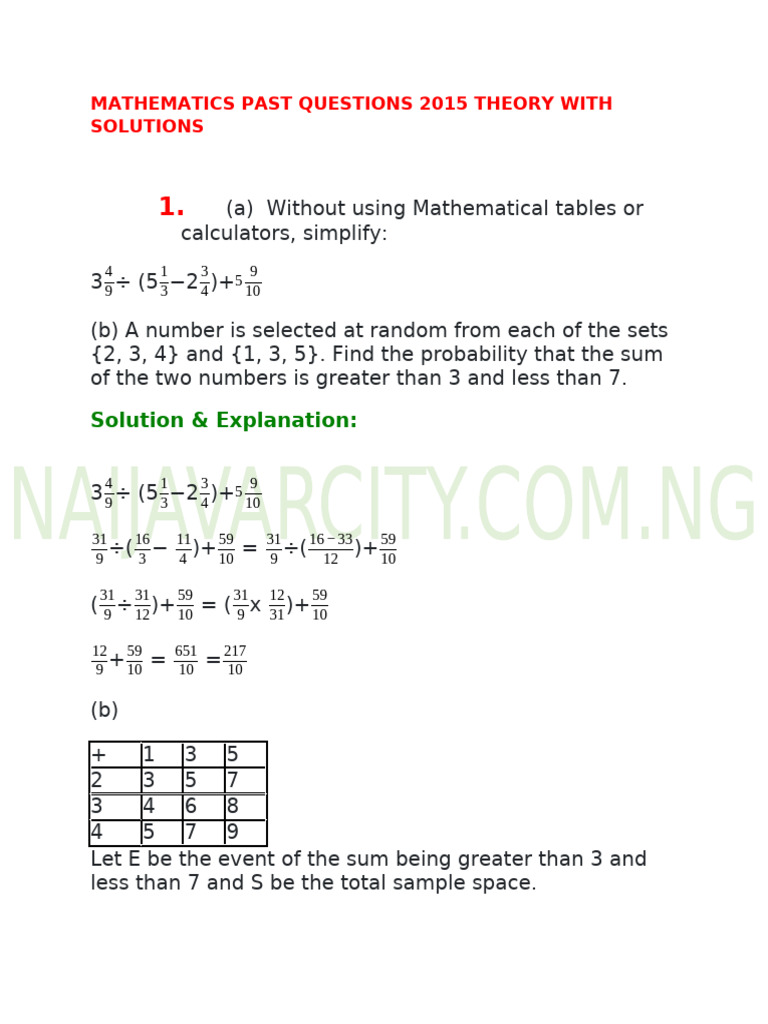 Mathematics Past Questions with Solutions | PDF | Area | Inequality ...