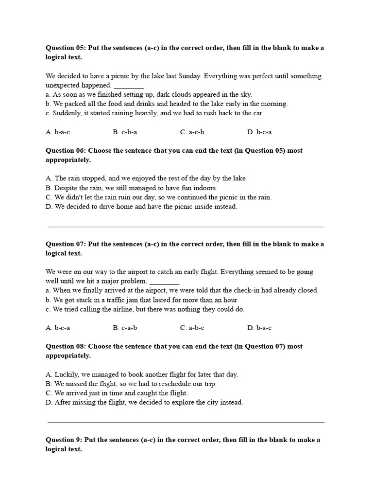 Sentence Order and Text Completion Exercises | PDF