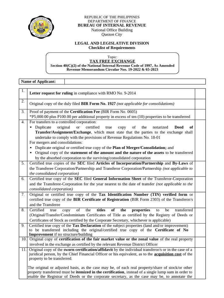 BIR Form 1927 Requirements Checklist | PDF | Taxes | Private Law