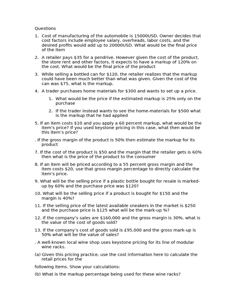 Pricing Strategies and Markup Calculations | PDF | Gross Margin | Economies