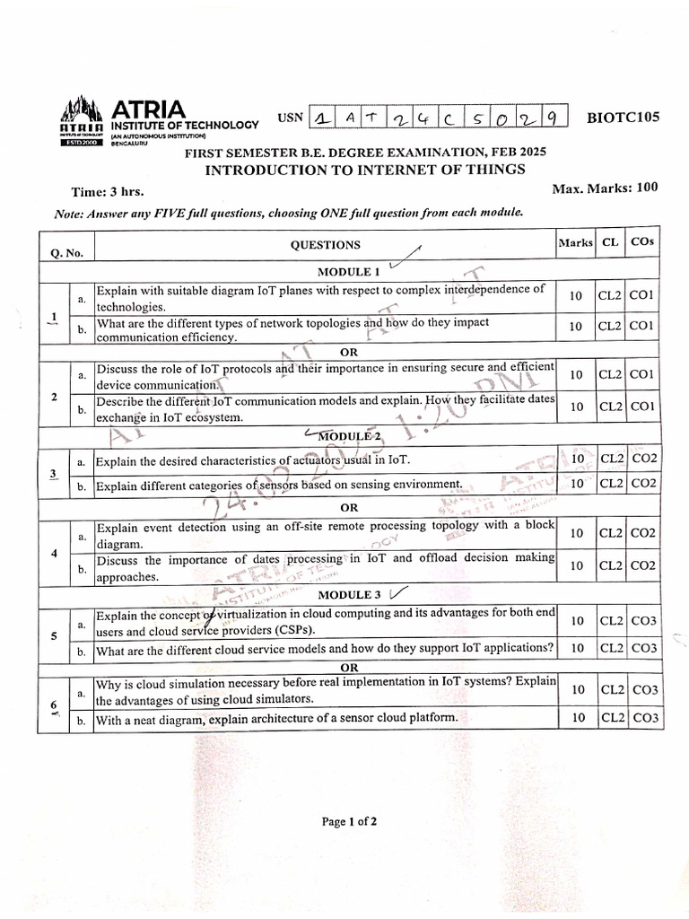 IoT Atria Autonomous Question Papers | PDF