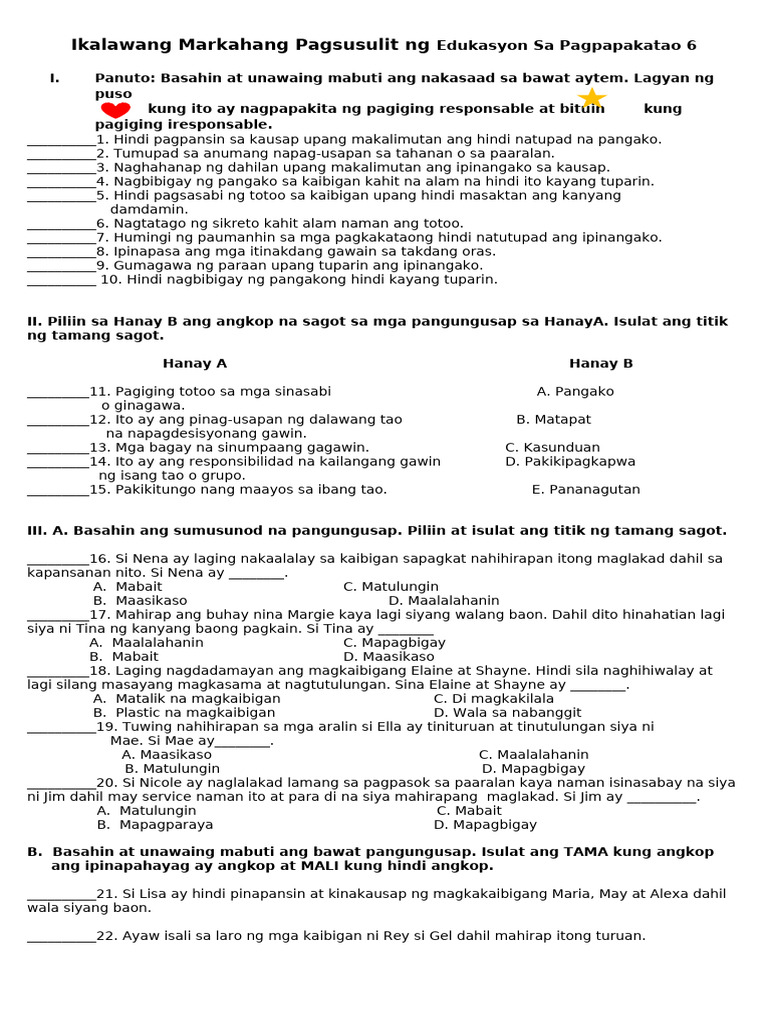 Esp 6 Periodical Test 2nd Quarter | PDF