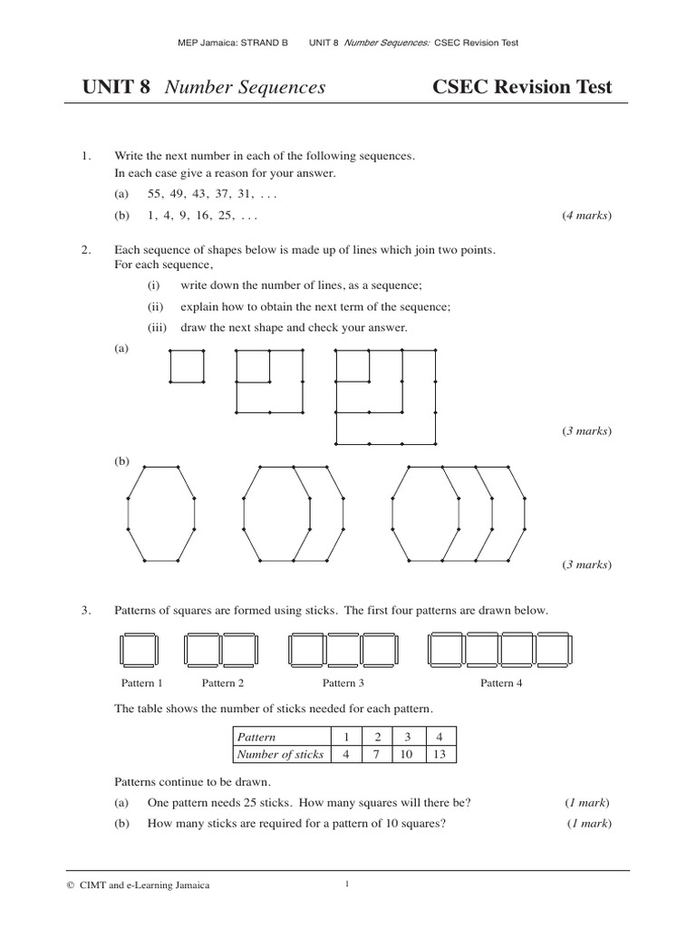 CSEC Number Sequences Revision Test | PDF | Area | Number Theory