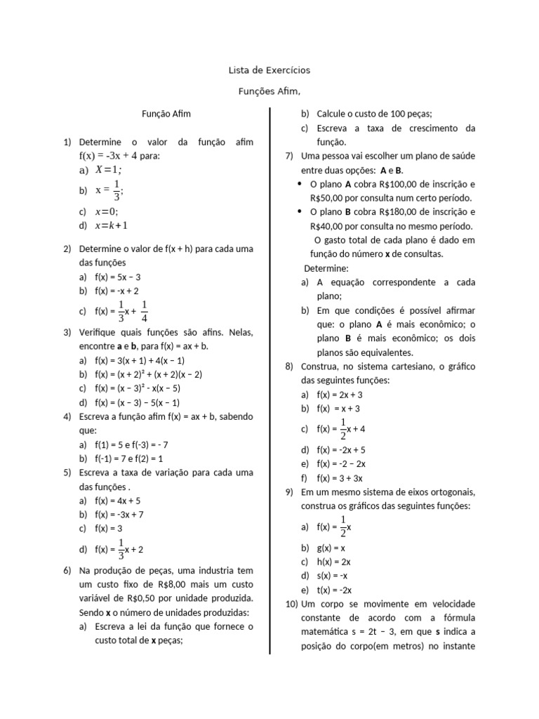 Lista-de-Exercicios-Funcao-Afim-e-Quadratica | PDF | Função (Matemática ...