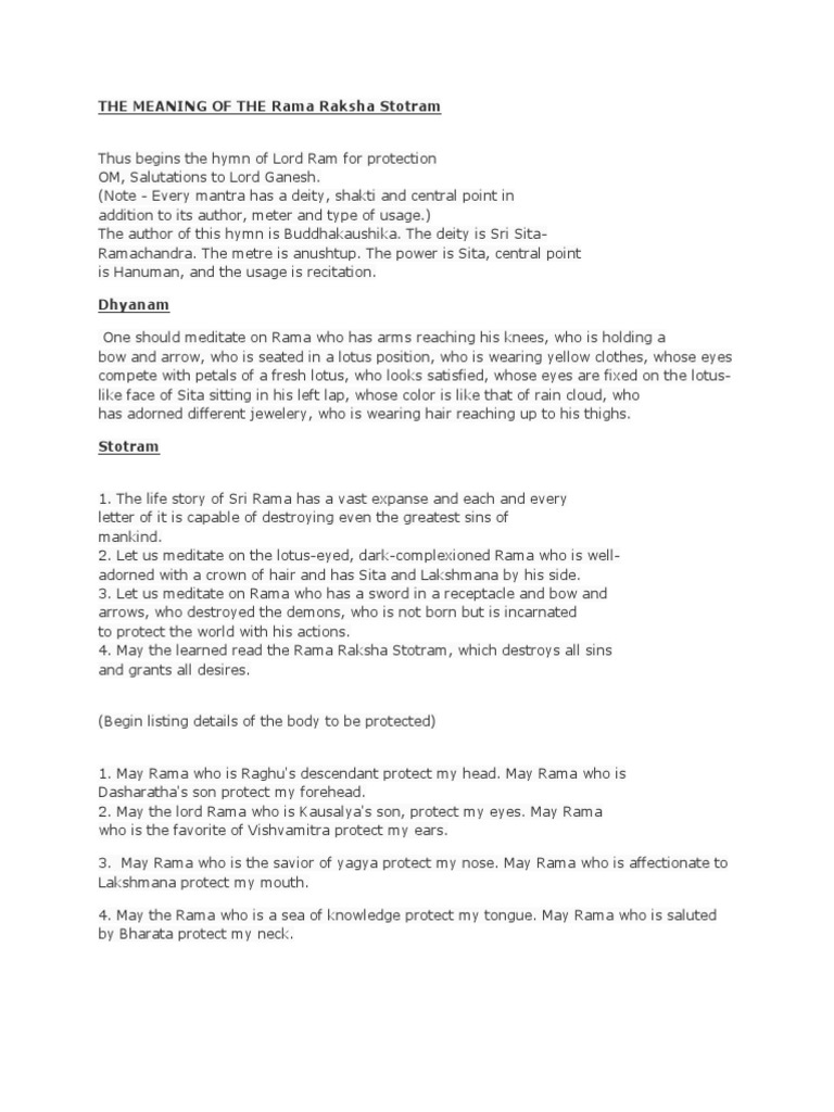 Meaning of Rama Raksha Stotram | PDF | Rama | Sita