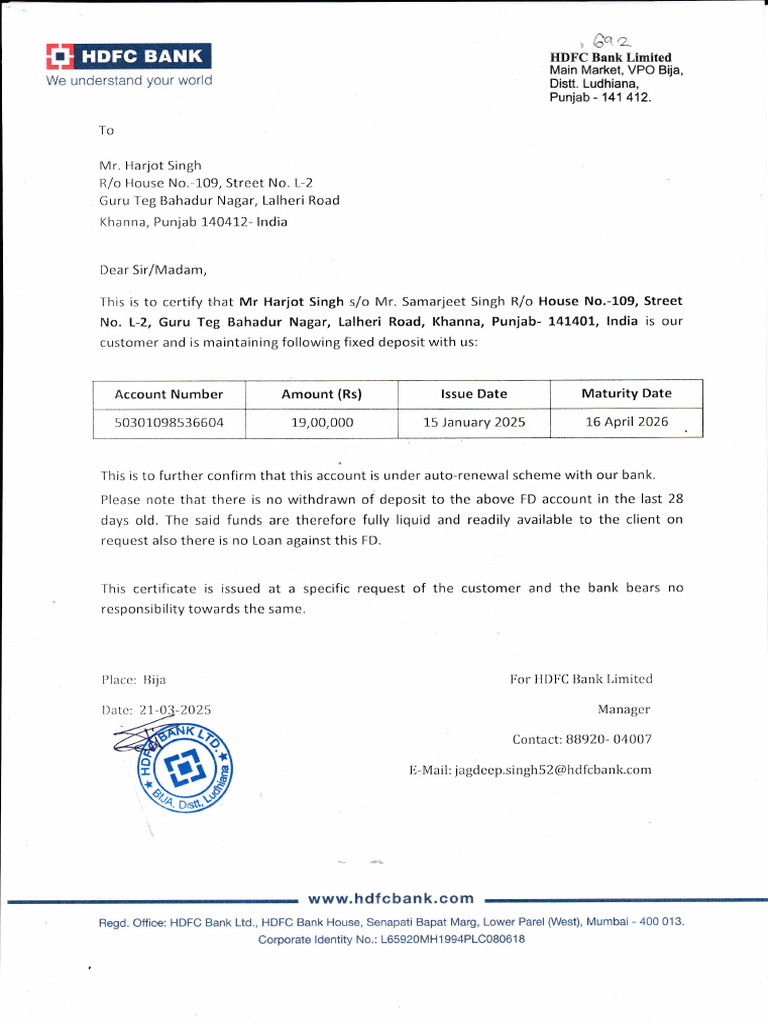 HDFC Bank Fixed Deposit Certificate | PDF