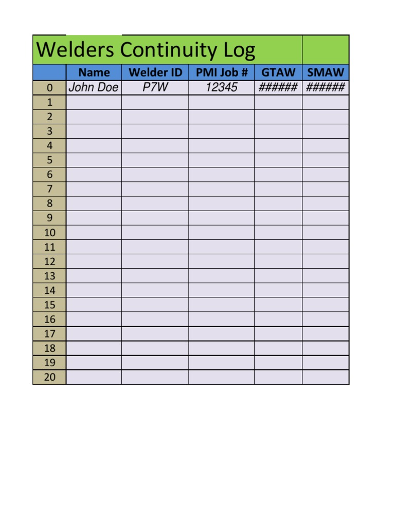 Printable Welder Continuity Log Template Printable Templates