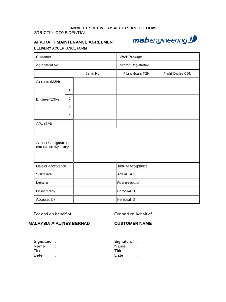 Aircraft Delivery Acceptance Form | PDF