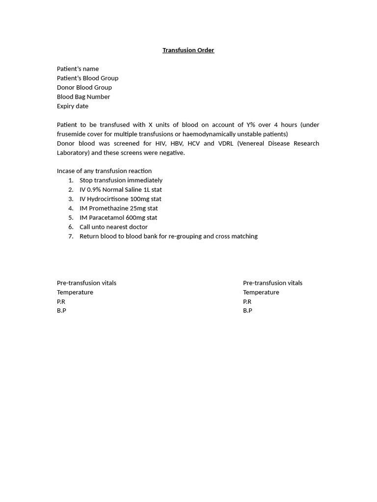 Blood Transfusion Order Guidelines | PDF