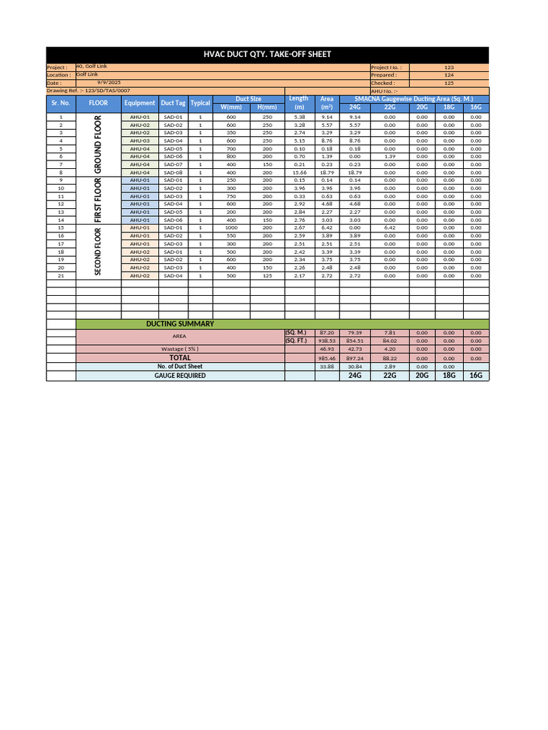 HVAC Duct Quantity Take-Off Sheet | PDF | Electromechanical Engineering ...
