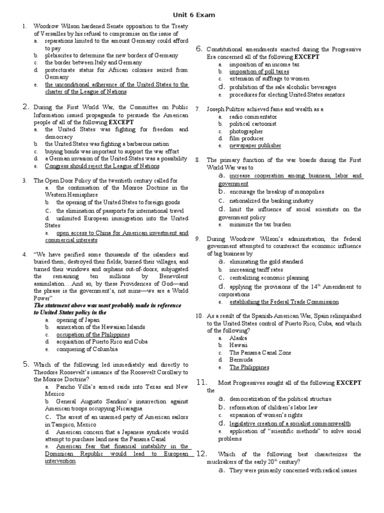 APUSH Unit 6 Exam Review Questions | PDF | Woodrow Wilson | Franklin D ...
