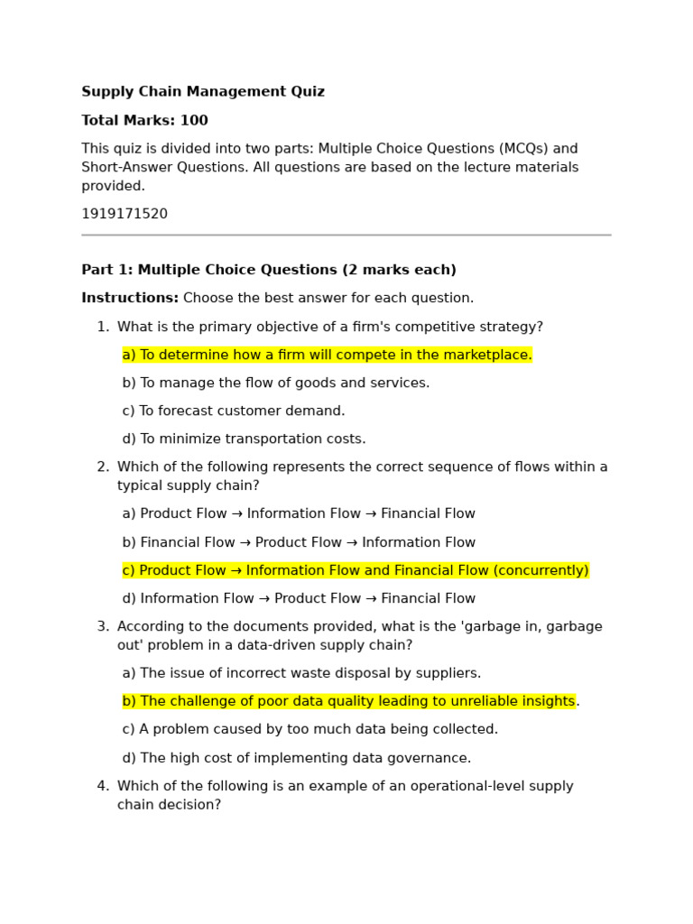 Supply Chain Management Quiz Questions | PDF | Supply Chain | Supply ...