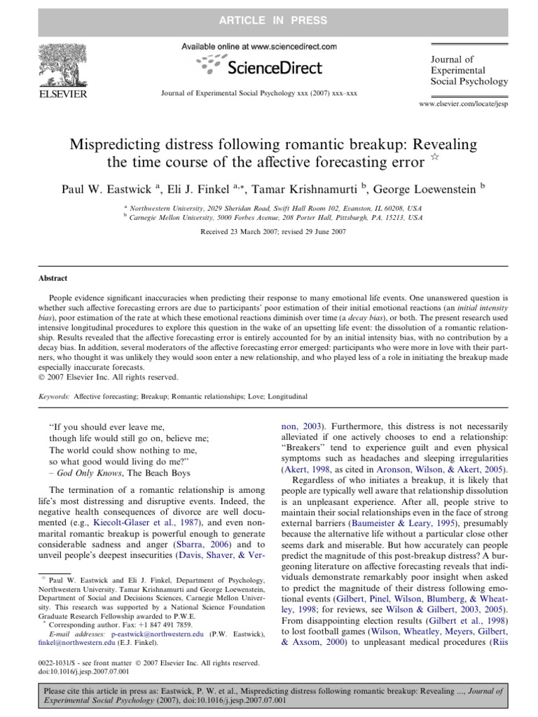 Affective Forecasting Errors in Breakups | PDF | Psychology ...