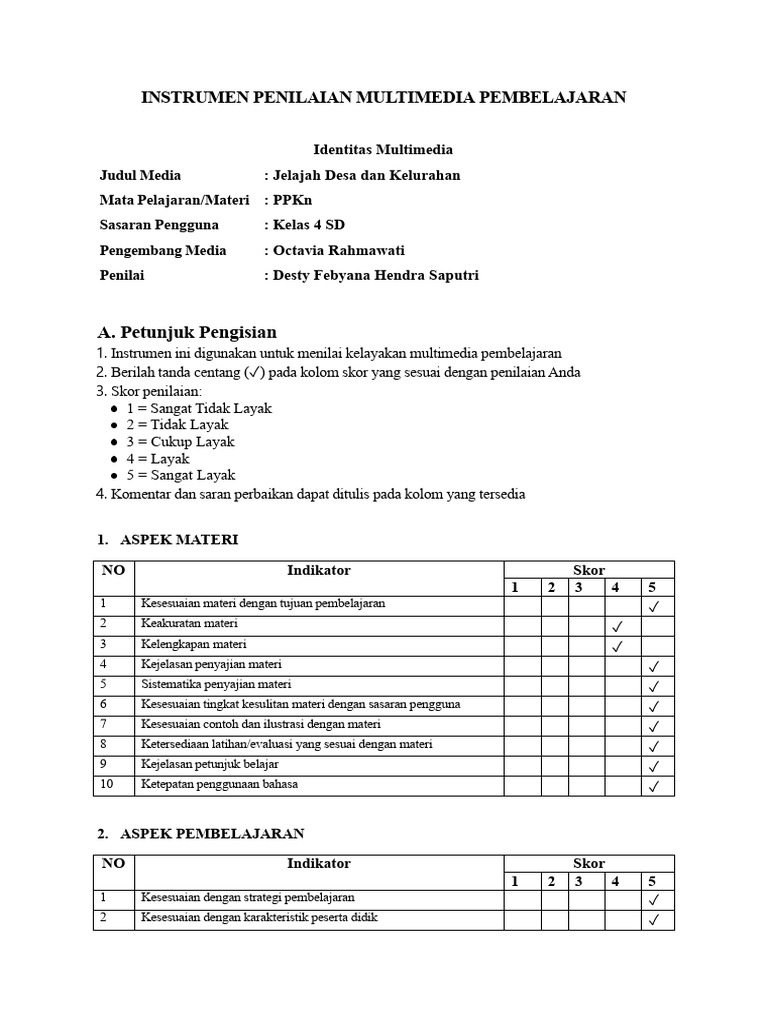 Hasil Instrumen Penilaian Multimedia Pembelajaran | PDF