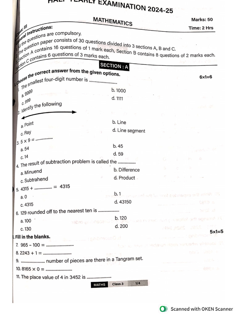 3rd Maths Question Paper | PDF