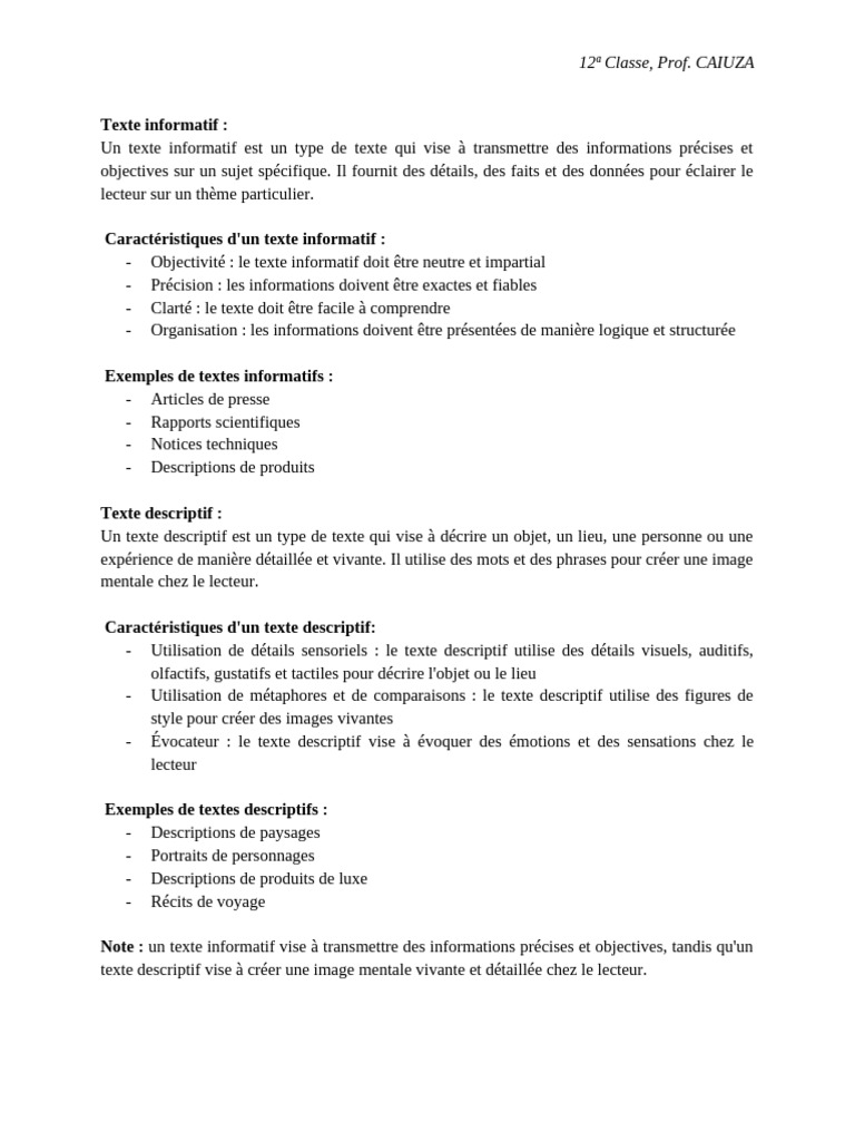 Différences entre texte informatif et descriptif | PDF