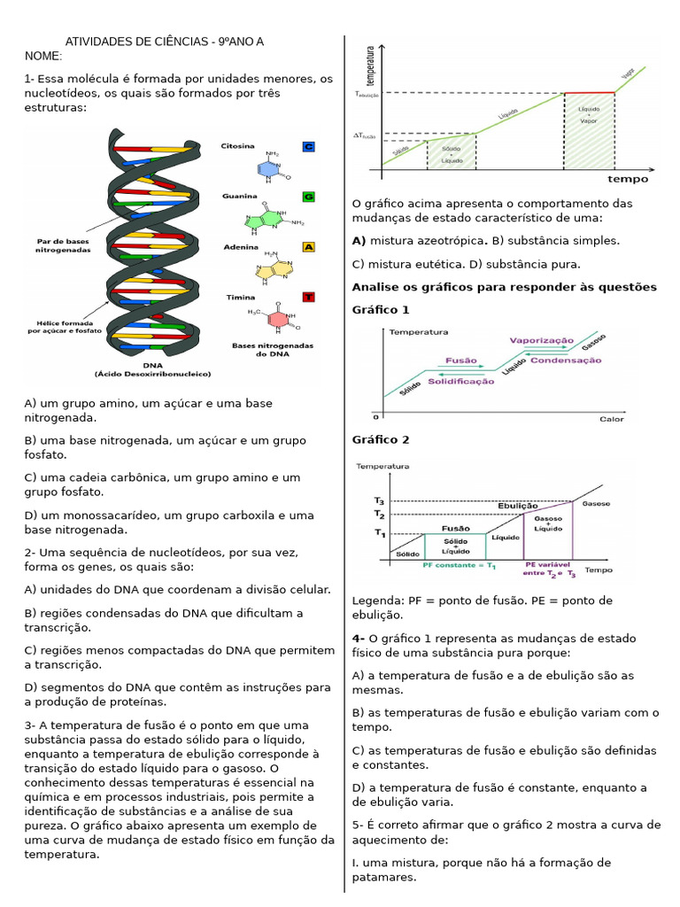 Atividades de Ciências para 9º Ano A | PDF | Recombinação genética | DNA