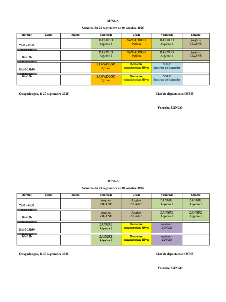 Emploi du temps MPSI du 29 sept. au 4 oct. PDF — free download