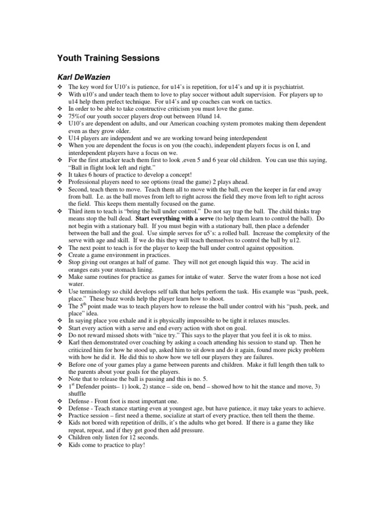 Youth Soccer Training Session Notes PDF Psychological Concepts
