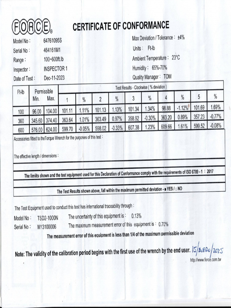 Llave Torque Certificado | PDF