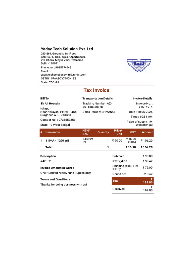 Yadav Tech Solution Invoice YTS14914 | PDF | Invoice | Taxation