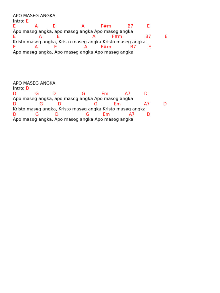 Apo Maseg Angka Lyrics and Chords | PDF