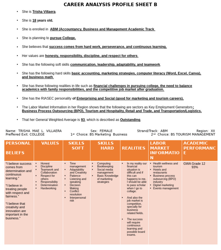 Trisha Villaera's Career Profile Analysis | PDF | Business | Business ...