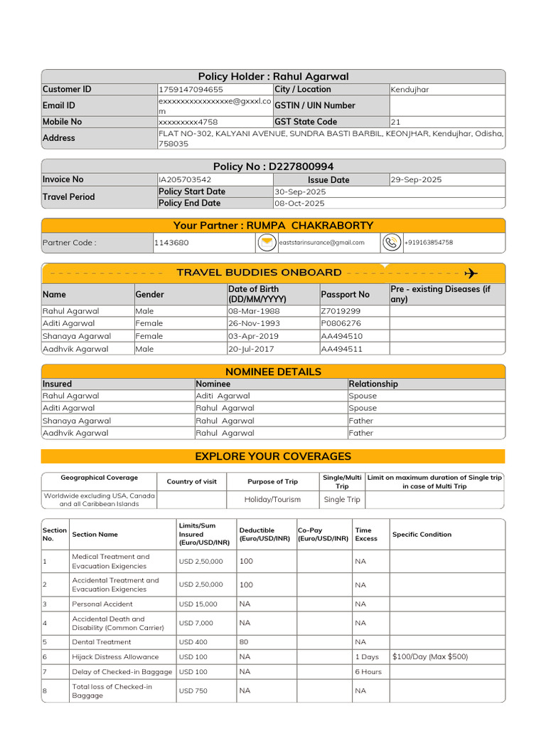 Travel Insurance Policy Details for Family | PDF
