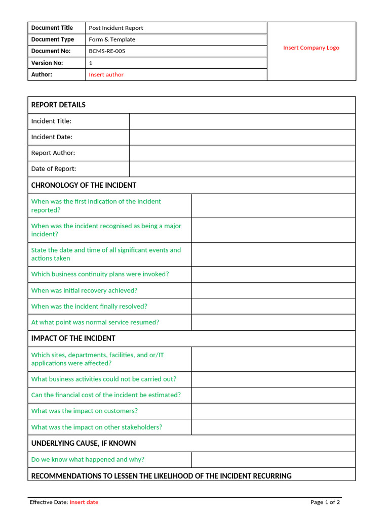 Post Incident Report Template | PDF